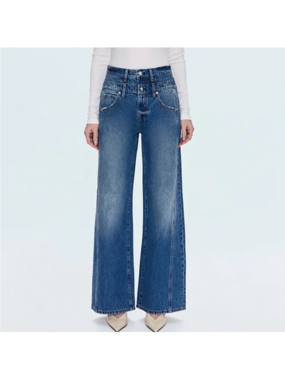 Pistola Caleb Stacked Waist High-Rise Wide Leg Denim in Medium Blue - size 29